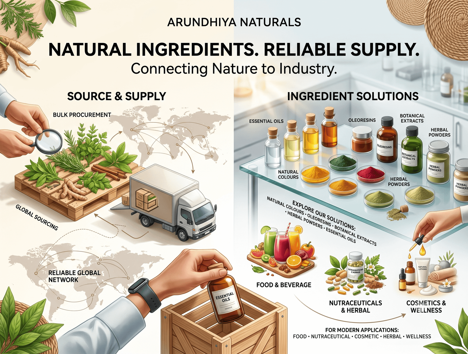 Natural botanical ingredient powders — turmeric, spirulina, paprika and spices in spoons